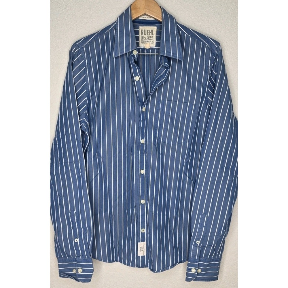 Ruehl‎ No 925 Men L Blue White Striped Long Sleeve Button Down Shirt Y2K Preppy